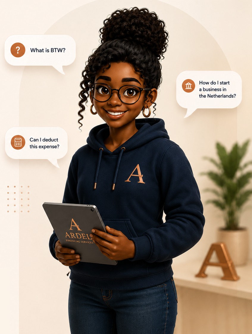 Aya, Ardel's AI guide, holding an Ardel-branded tablet surrounded by questions about BTW, expenses and starting a business in the Netherlands
